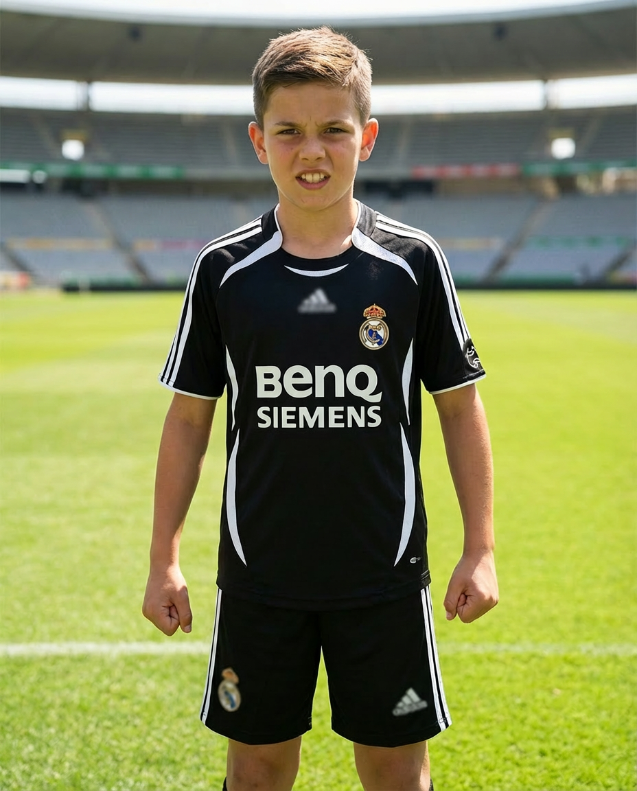 Real Madrid retro kids away kit, David Beckham Real Madrid kids footba