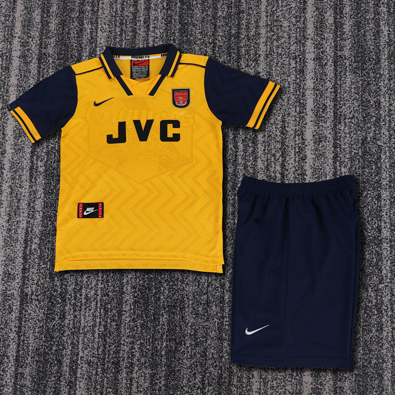 Arsenal 1996/97 Kids Away Kit – Retro Yellow JVC Football Shirt & Shorts customisable name and number