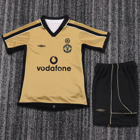 Manchester United 2001/02 Kids Centenary Away Kit – Retro Gold Vodafone Football Shirt & Shorts