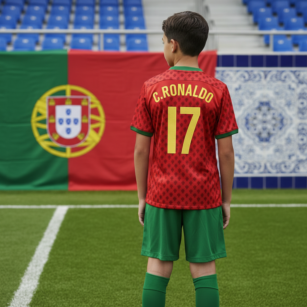 Kids Portugal CR7 Eruo 2004 Retro Football Kit – Ronaldo #17 (Ages 2–13)