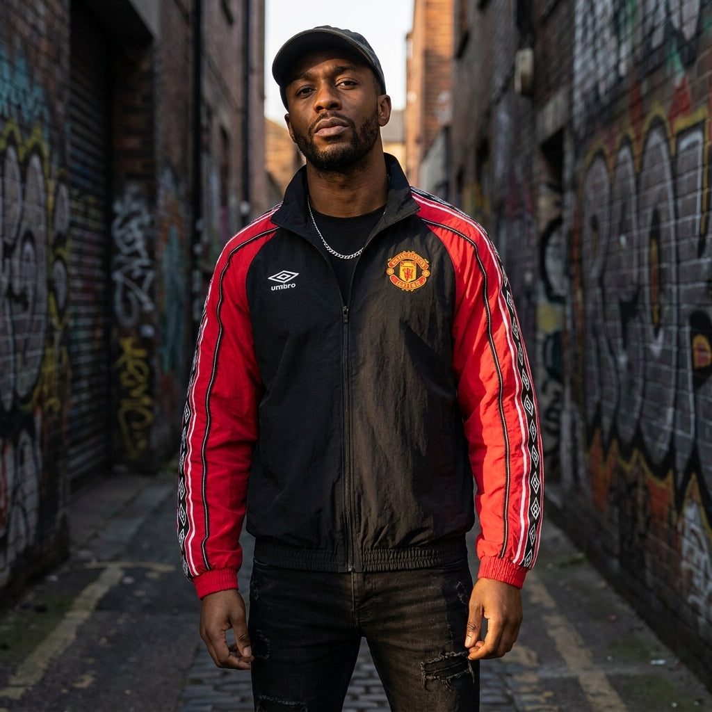 Mens Manchester United Retro Tracksuit jacket | Class of 92 Style Football Jacket | Vintage Red and Black Man United Zip Up