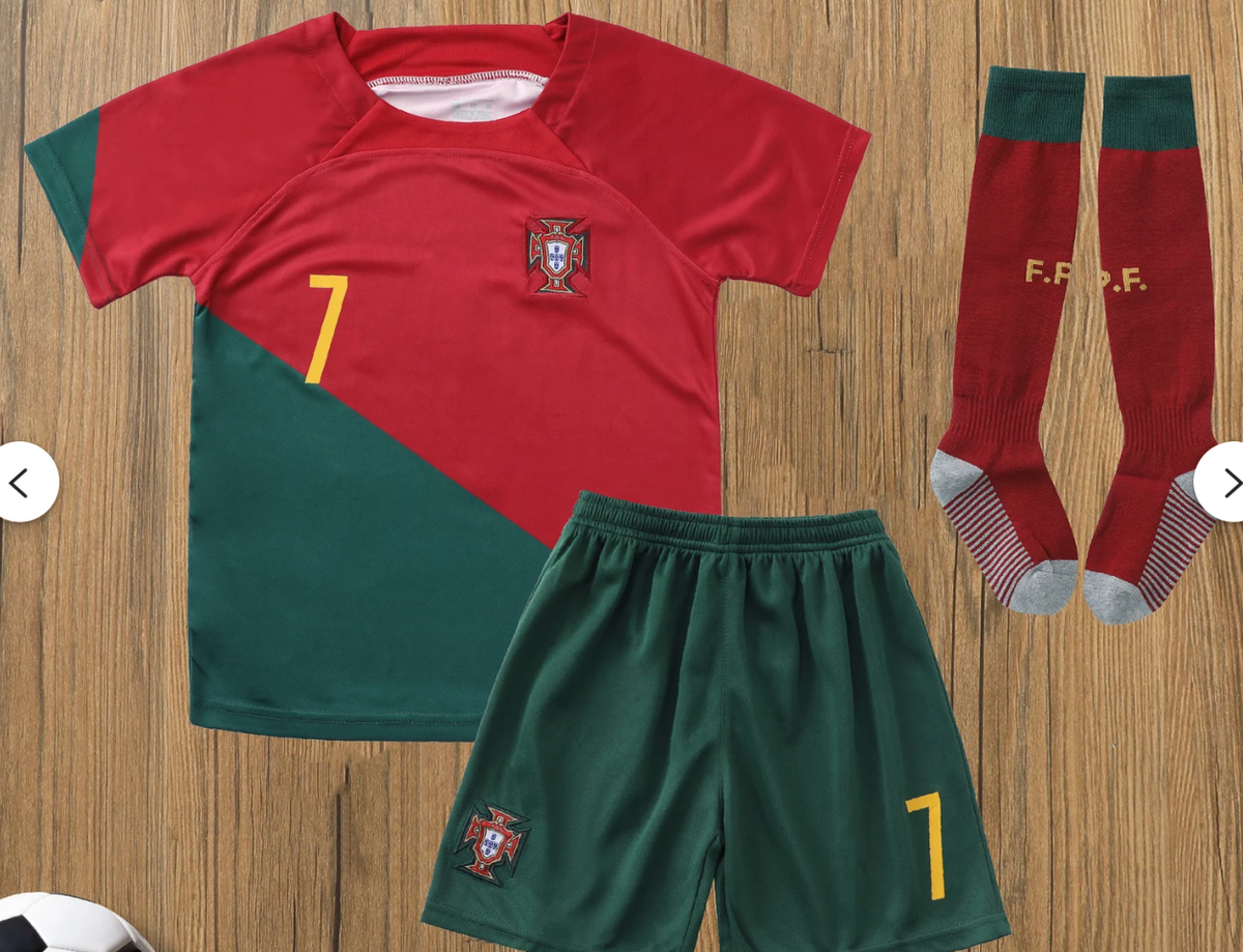 CR7 Football Kit 2022 – Kid Ronaldo #7 Shirt, Shorts & Socks | Custom Name & Number Available