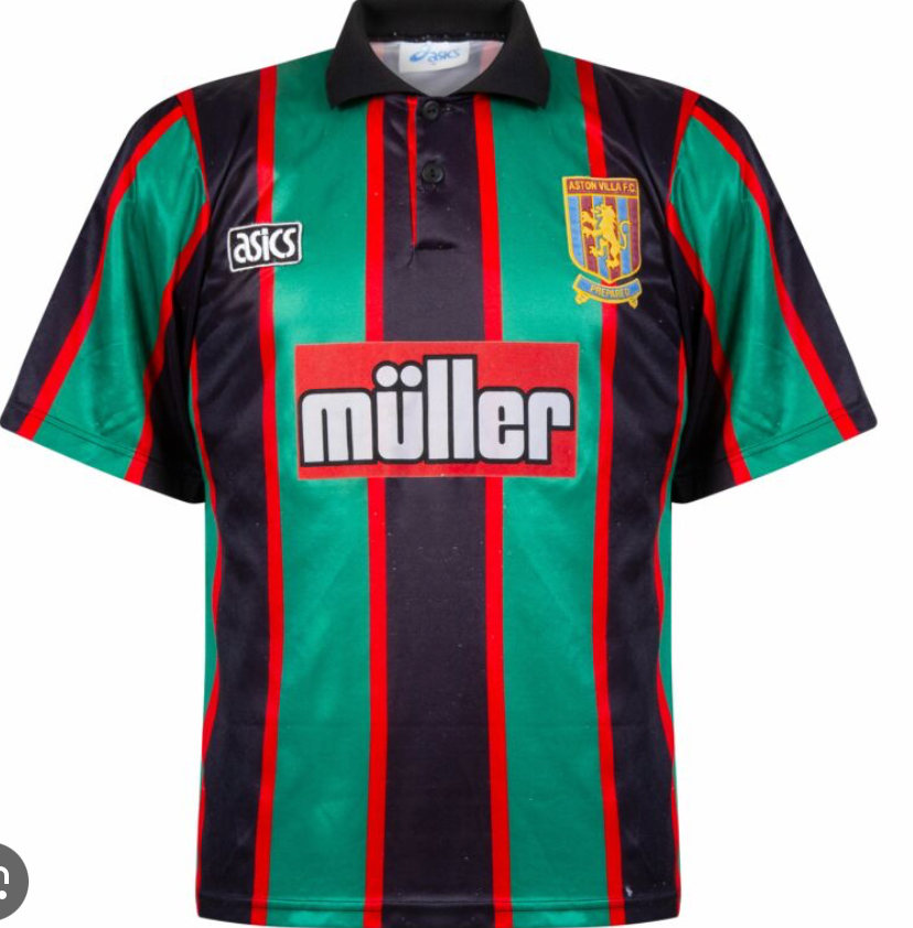 Aston Villa 1993-95 Müller Away Retro Kit | Classic Green & Black Striped Jersey