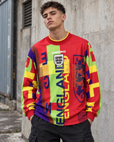 Retro England David Seaman goalkeeper shirt – 1990s Umbro long sleeve football jersey in red, yellow, green and purple, worn by model