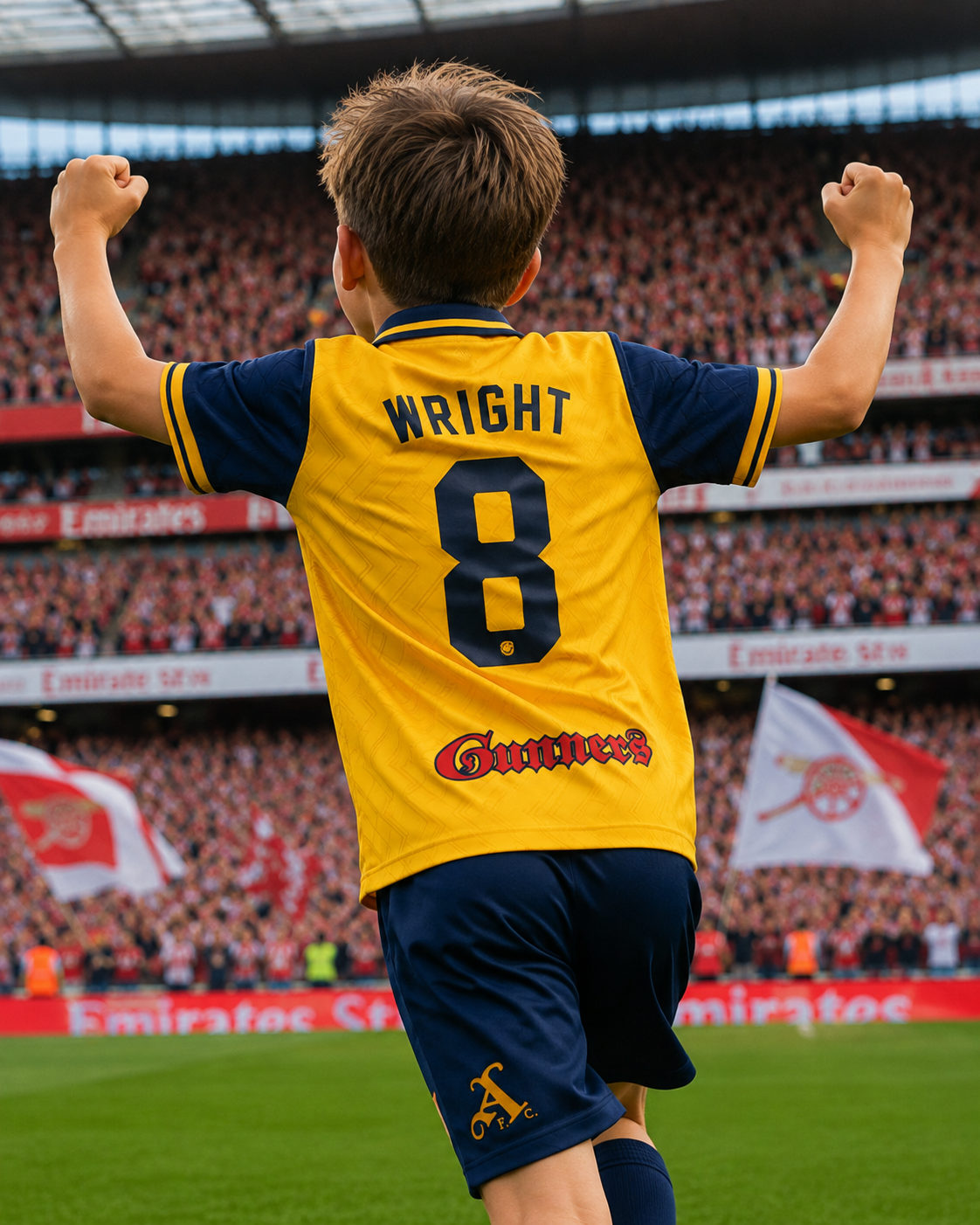 Arsenal 1996/97 Kids Away Kit – Retro Yellow JVC Football Shirt & Shorts customisable name and number