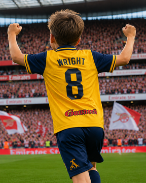 Arsenal 1996/97 Kids Away Kit – Retro Yellow JVC Football Shirt & Shorts customisable name and number