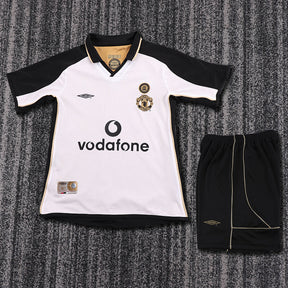 Manchester United 2001/02 Kids Centenary Away Kit – Retro Gold Vodafone Football Shirt & Shorts