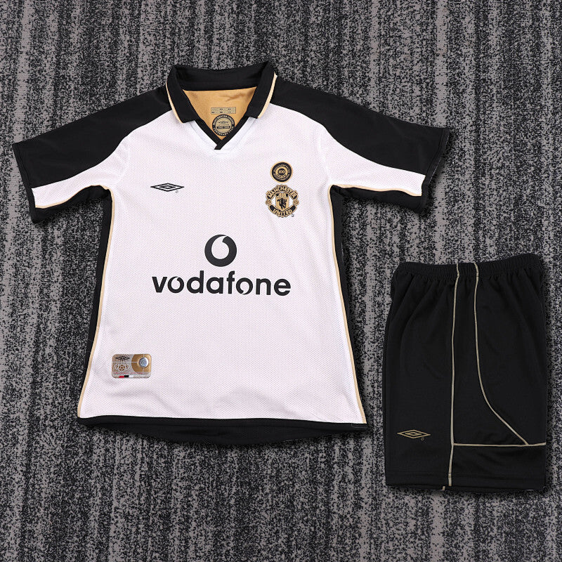 Manchester United 2001/02 Kids Centenary Away Kit – Retro Gold Vodafone Football Shirt & Shorts