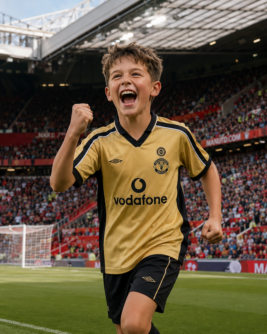 Manchester United 2001/02 Kids Centenary Away Kit – Retro Gold Vodafone Football Shirt & Shorts