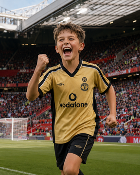 Manchester United 2001/02 Kids Centenary Away Kit – Retro Gold Vodafone Football Shirt & Shorts