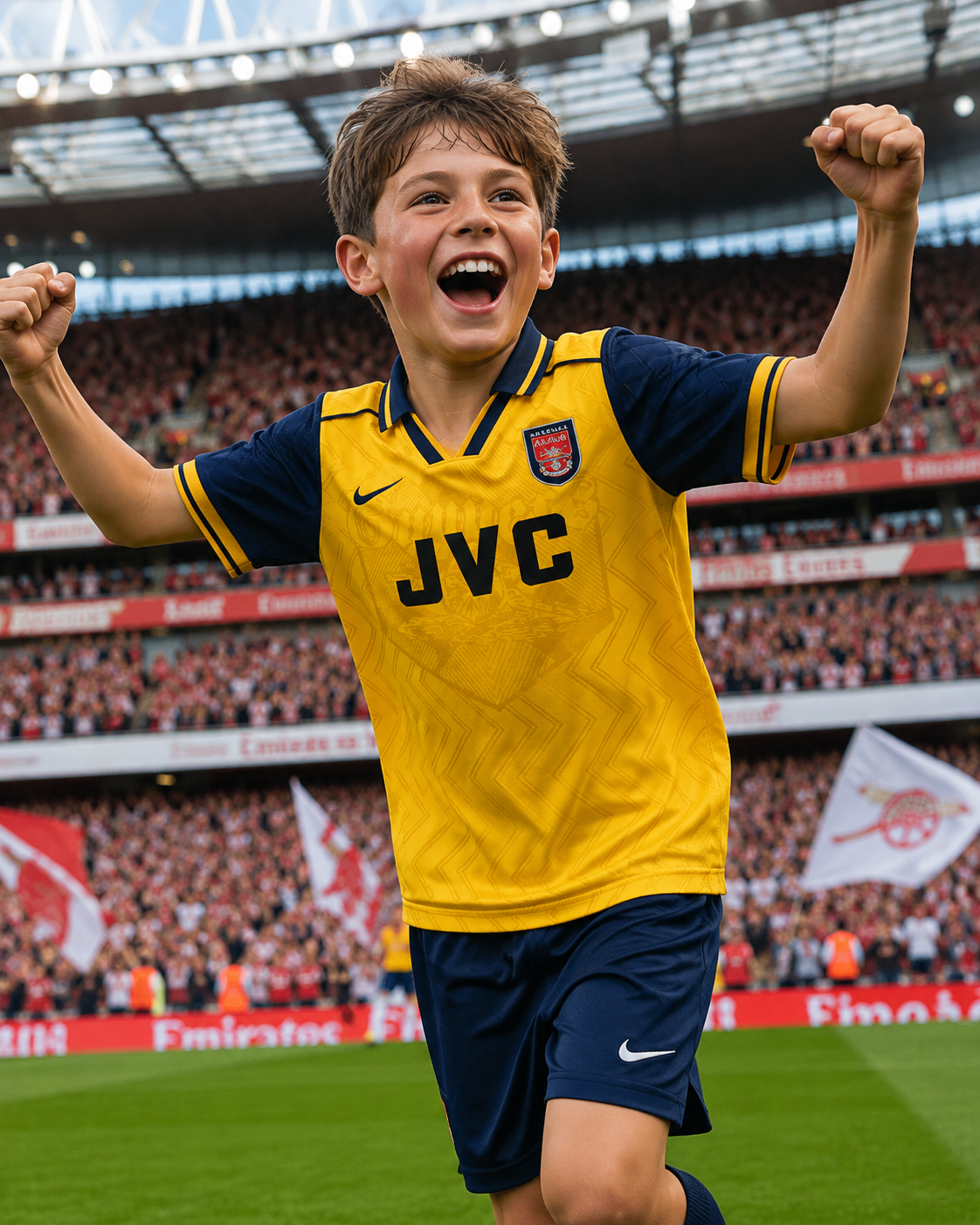 Arsenal 1996/97 Kids Away Kit – Retro Yellow JVC Football Shirt & Shorts customisable name and number