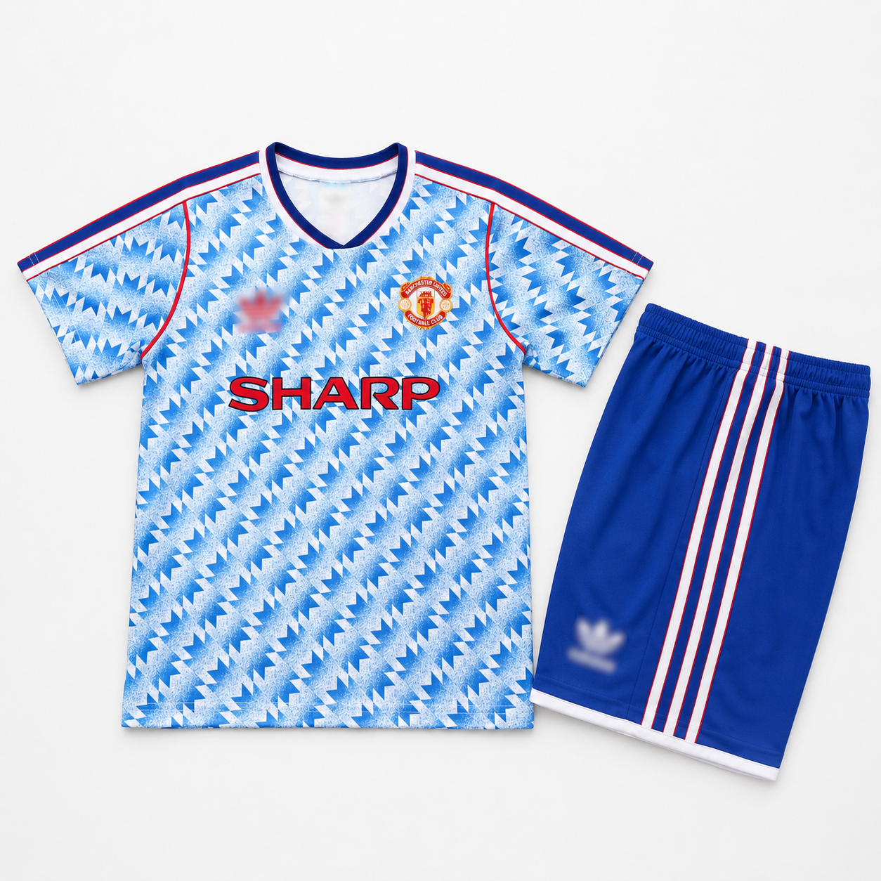 Manchester United 1990/92 Kids Away Kit – Retro Blue Sharp Football Shirt & Shorts