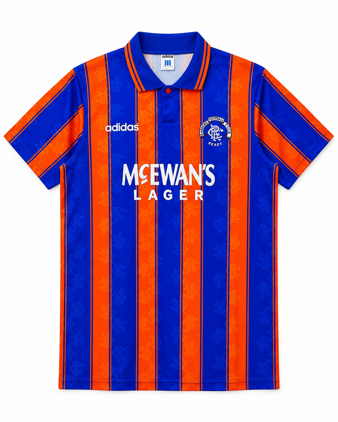Rangers 1993-94 blue and orange McEwan's Lager away shirt front view