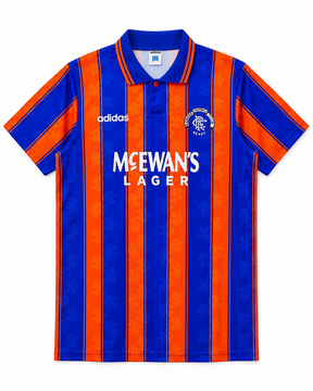 Rangers 1993-94 blue and orange McEwan's Lager away shirt front view